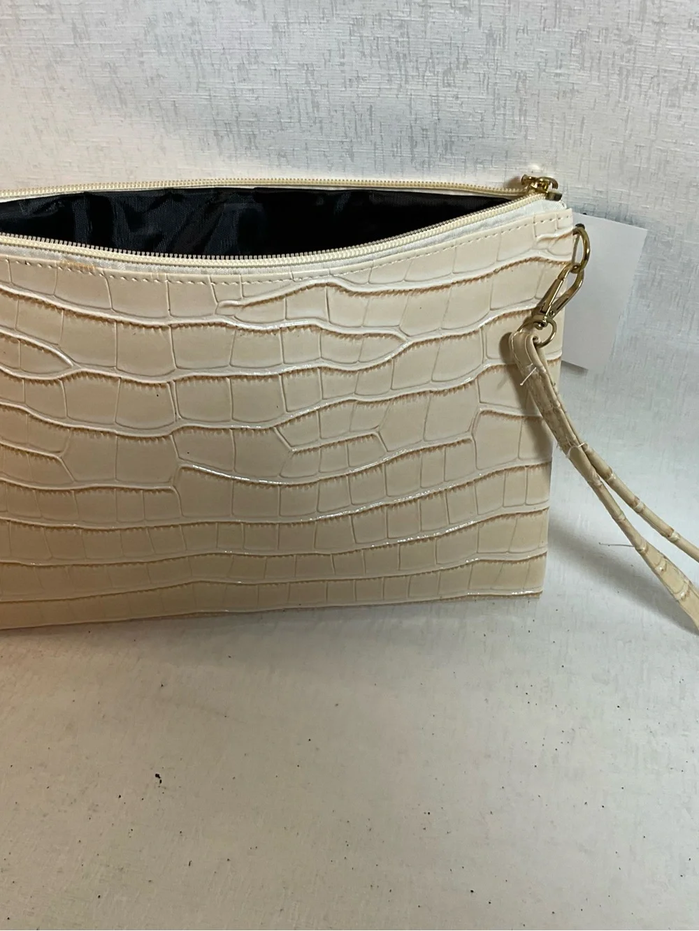 Cream Croc-Embossed Wristlet Clutch